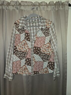 Patchwork Floral Plaid Blazer Jacket - Brown/Pink/Cream